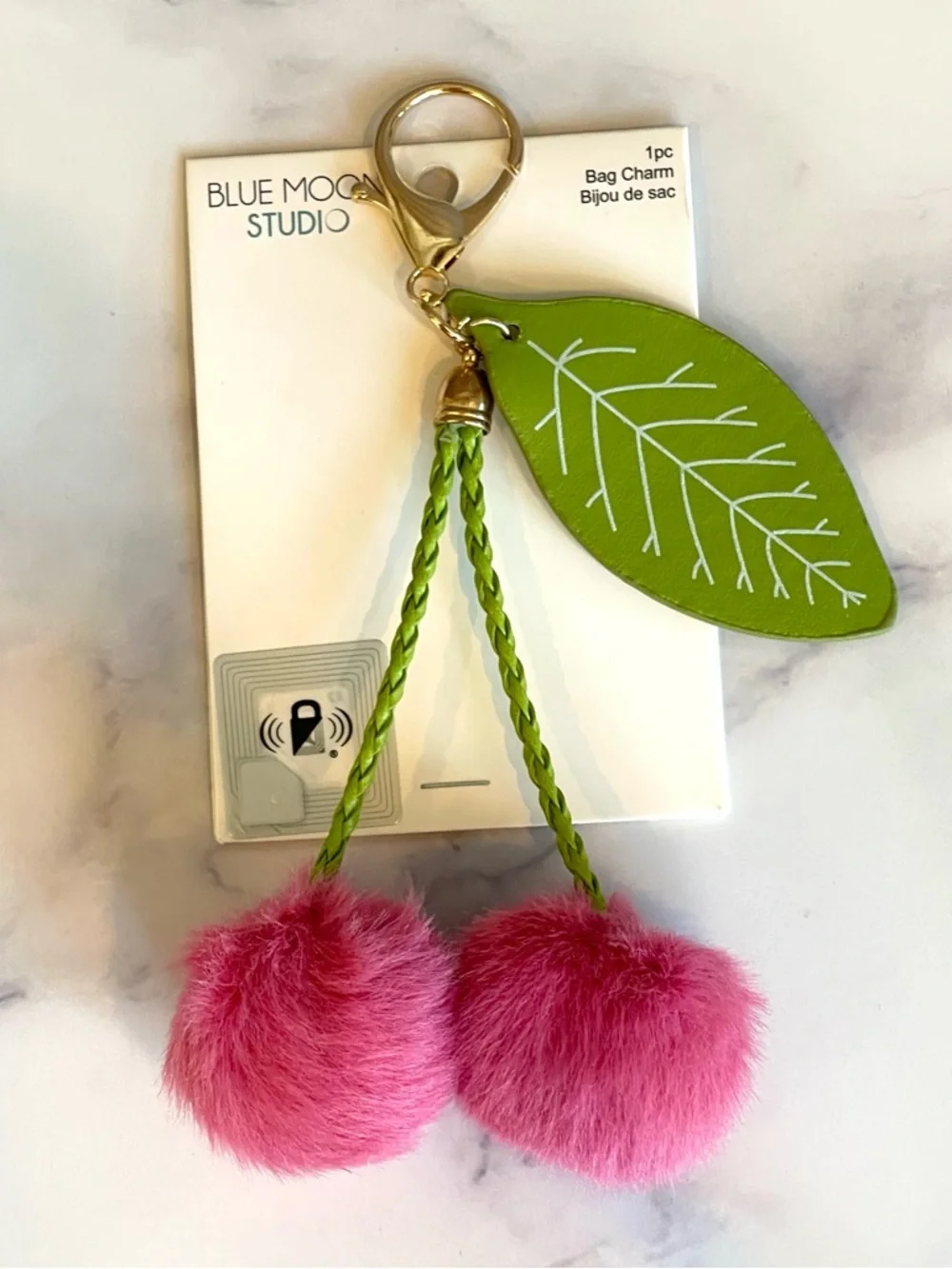 Fuzzy Cherry Pom Pom Bag Charm | Keychain Pink Faux Fur Accessory NWT